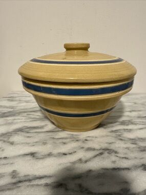 Antique Yellow ware Ceramic mixing Bowl  Blue & white Stripes with lid Rare